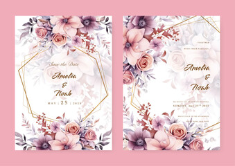 Vector floral wedding invitation template set with pink and peach watercolor roses and leaves decoration.