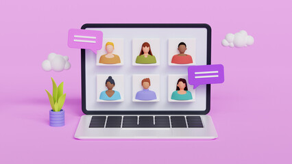 Home video call, online work conference concept. Virtual class, team education. Remote meeting, digital business chat. Group of multiethnic people talking by internet, web chatting, 3d illustration