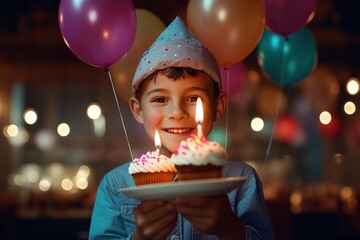 birthday boy with balloons and cupcake