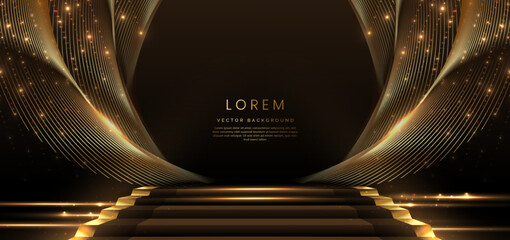 Elegant golden scene diagonal glowing with lighting effect sparkle on black background. Template premium award design.
