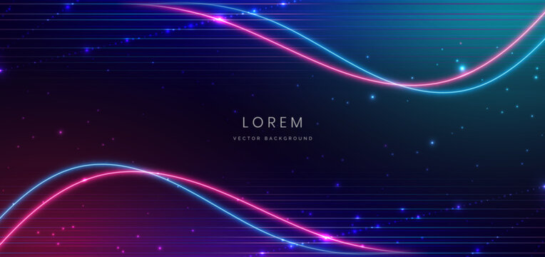 Abstract technology futuristic bule and pink glowing curved lines neon blue and pink light ray on dark blue background with lighting effect.