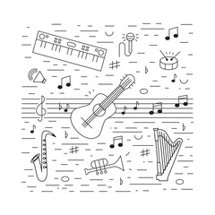 Set of musical instruments black and white in square. Vector illustration EPS10