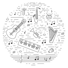Set of musical instruments black and white in circle. Vector illustration EPS10