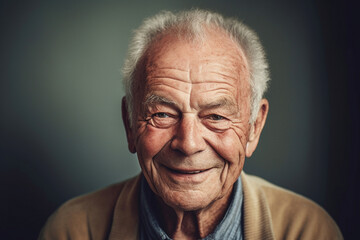 Senior confident man portrait in his 70s, smiling at the camera, neutral background