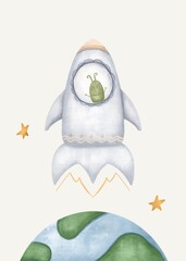 funny alien flies in space in a rocket and waves hello