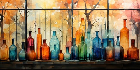 AI Generated. AI Generative. Abstract geometric glass crystal bottles containers. Drawing painting oil water color graphic art decoration background. Graphic Art - obrazy, fototapety, plakaty