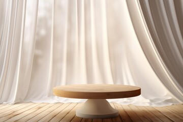 Wooden table in front of curtains. 3d rendering, mock up