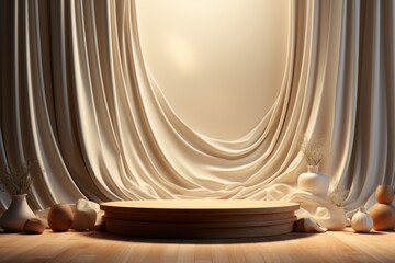 3d render of luxury product display podium and drapery curtain background