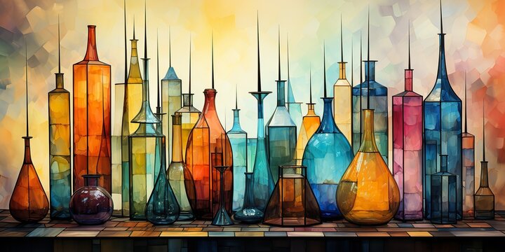 AI Generated. AI Generative. Abstract geometric glass crystal bottles containers. Drawing painting oil water color graphic art decoration background. Graphic Art