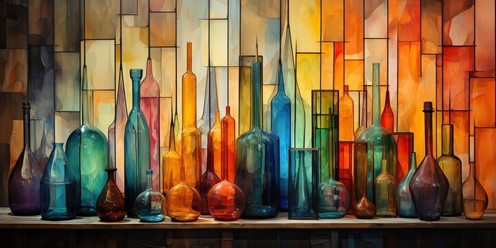 AI Generated. AI Generative. Abstract geometric glass crystal bottles containers. Drawing painting oil water color graphic art decoration background. Graphic Art