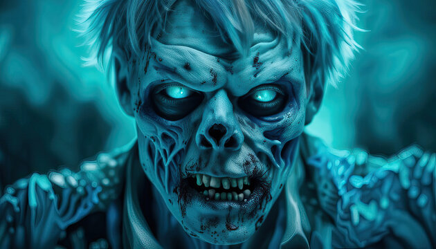 Blue zombie close up with copy space