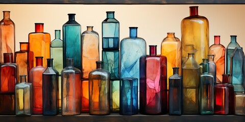 AI Generated. AI Generative. Abstract geometric glass crystal bottles containers. Drawing painting oil water color graphic art decoration background view 