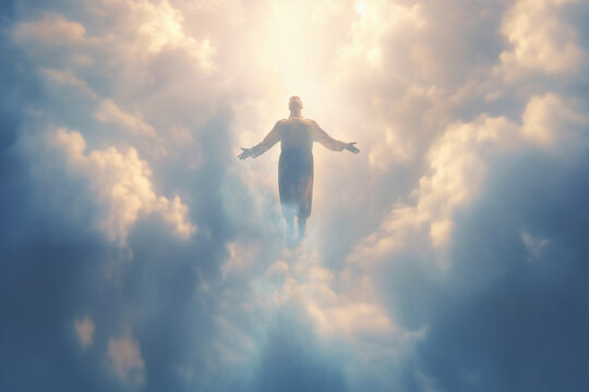  Soul Ascension. Ghost of a man taken up into heaven. Afterlife, meditation and dream concept Generative AI