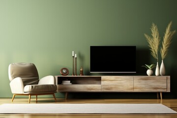 Interior of modern living room with green wall, carpet, armchair and TV. 3d render