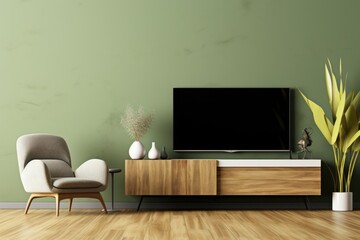 TV on the cabinet in modern living room with green wall. 3d rendering