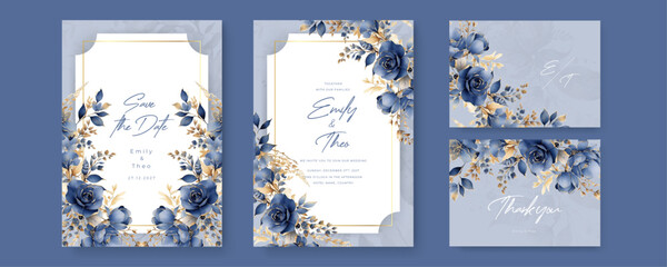 Floral wedding invitation template with brown sakura flowers and leaves decoration. Botanic card design concept