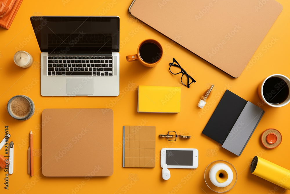 Poster top view modern workspace with computer, notebook and coffee cup on white table. generative ai