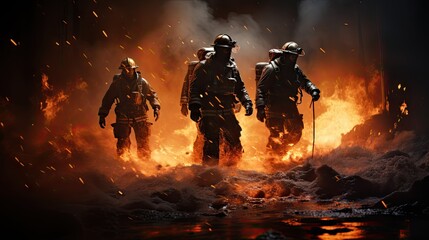 Firefighters in action bravely battling a raging inferno - obrazy, fototapety, plakaty