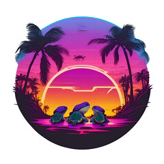 Circle with palm trees on a sunset PNG format