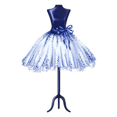 Blue ballet tutu decorated with pebbles and bows. A skirt worn on a mannequin. A theatrical backstage, an atelier, a clothing store, outfit for a fashion show and a masquerade. Digital illustration