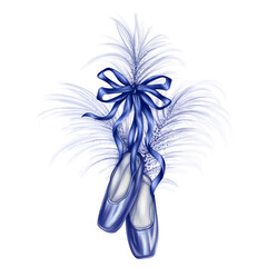 Blue shiny ballet pointe shoes with ribbons and bows. Women's dancing shoes. A composition decorated with feathers with rhinestones. Theatrical backstage, atelier, masquerade. Digital illustration