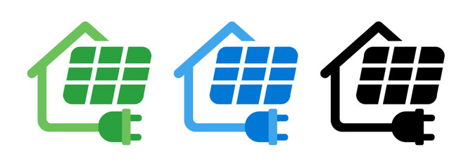 Solar panel sun energy for home house power electricity icon set green blue black symbol