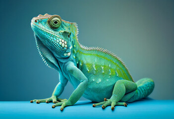 Fototapeta premium Portrait of a funny chameleon under studio blue lighting. AI Generated