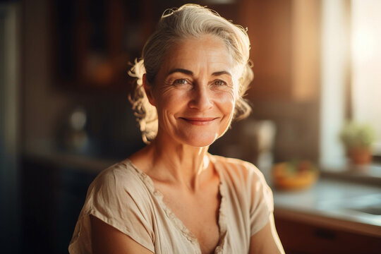 Portrait Of A Self Confident And Smiling Woman In Her 50s At Home, Interior Background