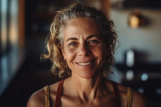 Close up portrait of a beautiful and smiling woman in her 50s at home, interior background