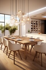 Modern dining room interior with wooden table, chairs and chandelier. 3D Rendering