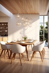 Interior of modern dining room with white walls, wooden floor, round wooden table with white chairs. 3d rendering