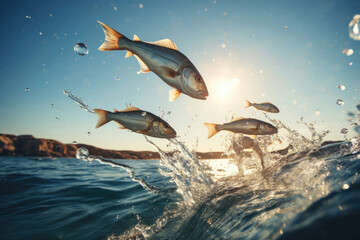 Flying fish jump over the sea