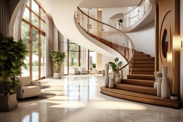 Obraz premium Interior of luxury hotel lobby with white walls, tiled floor and long wooden staircase. 3d rendering
