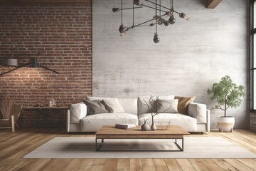 Interior of modern living room with brick walls, wooden floor, white sofa and coffee table. 3d rendering