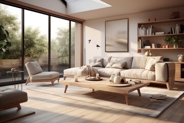 Modern living room interior with sofa and coffee table. 3d rendering