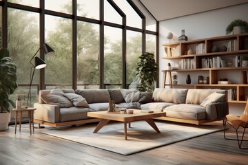 Interior of modern living room with white walls, wooden floor, comfortable sofa and coffee table. 3d rendering
