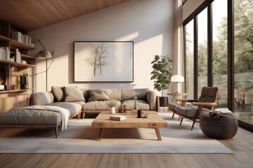 Naklejka na ściany i meble Interior of modern living room with white walls, wooden floor, comfortable sofa, coffee table and bookcase. 3d rendering