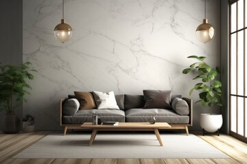 Interior of modern living room 3D rendering.There is white marble wall, brown sofa, coffee table and plant.