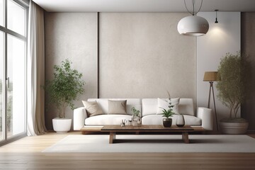 Modern living room interior with white sofa and wooden coffee table. 3D Rendering