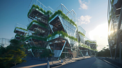 Fototapeta premium Step into Solar Nexus, a city powered by the sun, where innovation meets sustainability. The scene takes place at the heart of the city, a bustling square showcasing the latest advancements in green t