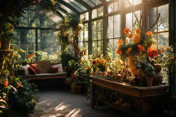 A captivating image with sunlight filtering through the glass panels of a greenhouse, creating a warm and inviting atmosphere Generative AI