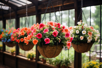Fototapeta na wymiar hanging baskets filled with an abundance of colorful flowers, creating a picturesque scene within the greenhouse Generative AI