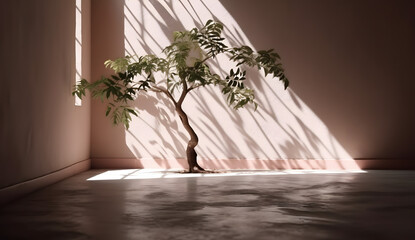 A tree in an empty room, white background, and shadows. generative ai
