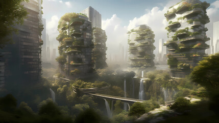 Welcome to Verdant Utopia, an ecology city like no other. The scene unfolds in a lush, futuristic cityscape, where nature and technology coexist in perfect harmony. Towering vertical gardens, adorned 