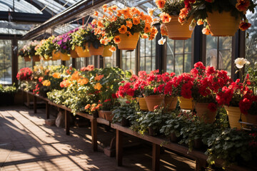 hanging baskets filled with an abundance of colorful flowers, creating a picturesque scene within the greenhouse Generative AI