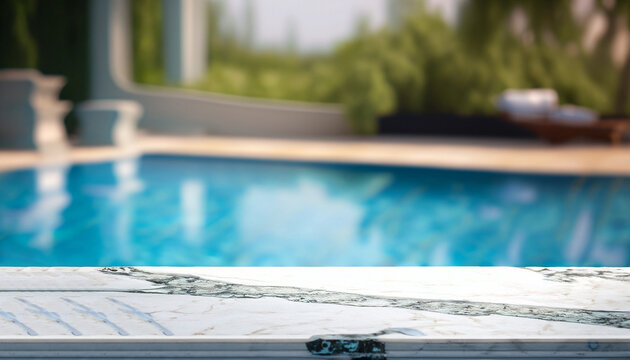 Empty marble table in front with blurred background of swimming pool