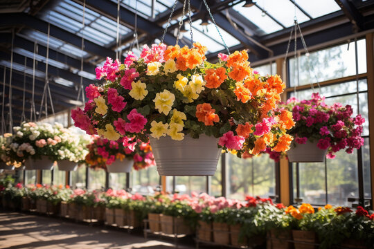 hanging baskets filled with an abundance of colorful flowers, creating a picturesque scene within the greenhouse Generative AI