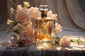 woman bottle cosmetic glass aroma smell scent flower fresh perfume fragrance. Generative AI.