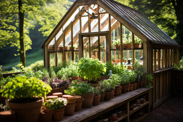 aromatic herb garden within a greenhouse, with a variety of herbs growing abundantly and filling the air with their fragrance Generative AI