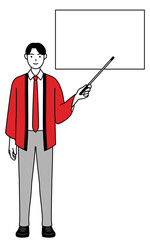 ホワイトボードを指示棒で指す赤い法被を着た販売員の男性